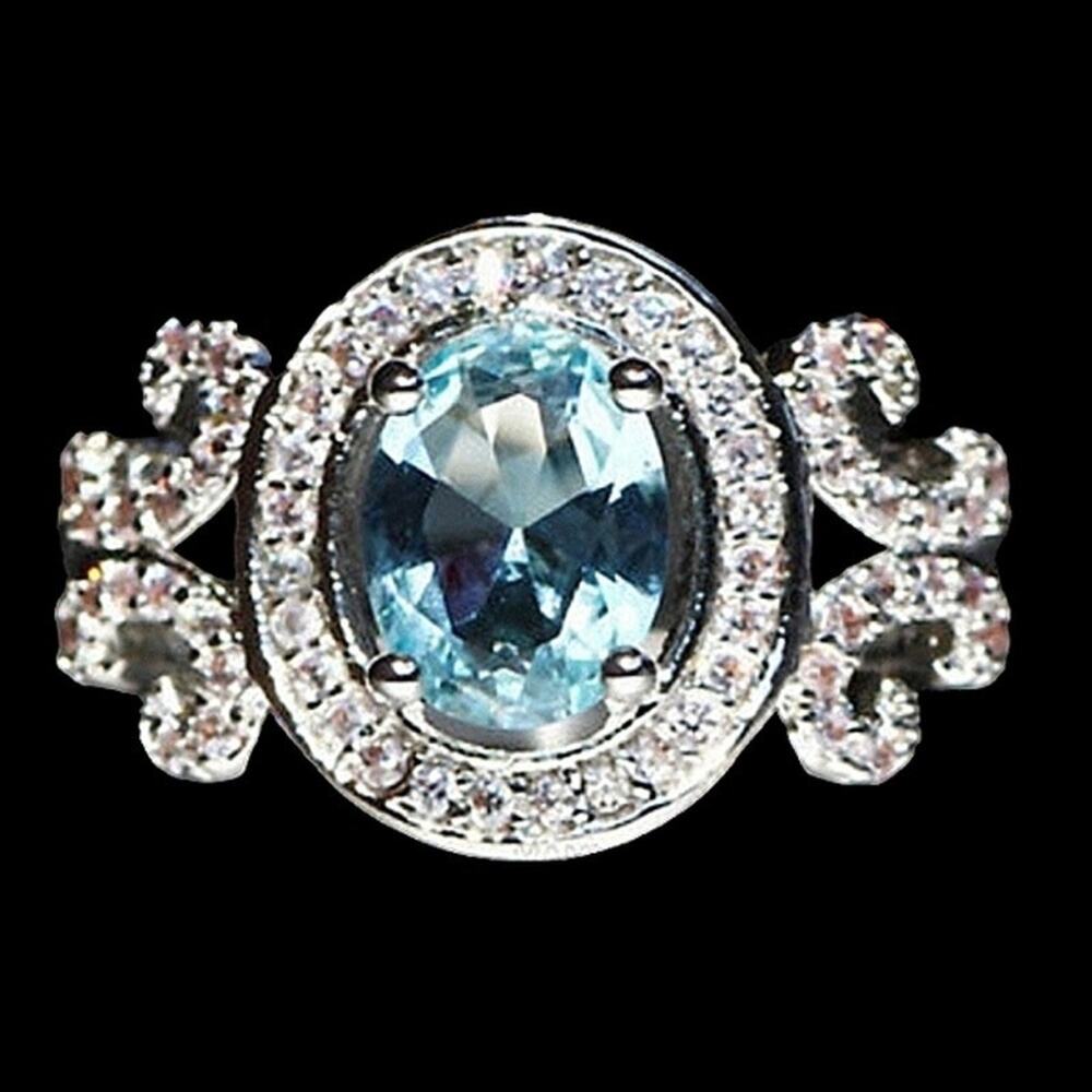 Stunning Cocktail Ring 925 Sz 8 Simulated Blue Aquamarine Diamonds Luxe Costume